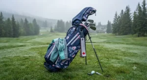A water-resistant lightweight golf bag for women standing on damp grass, ideal for unpredictable Canadian spring weather.