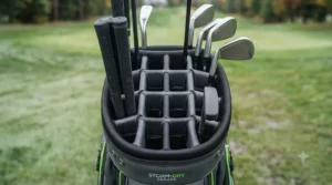 14-way top organizer dividers inside a premium waterproof golf bag for complete club protection.