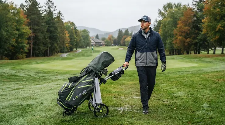 Golfer walking a Canadian golf course in the rain with a dry, high-performance waterproof golf bag. waterproof golf bags