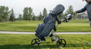 A durable, waterproof golf bag mounted on a push cart, ready for unpredictable Canadian weather.