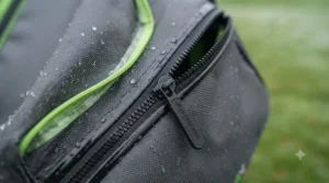 Close-up of sealed seams and waterproof zippers on a durable Canadian weather-tested golf bag.