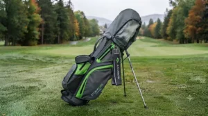Waterproof golf bag equipped with a fitted rain hood for ultimate protection against heavy downpours.