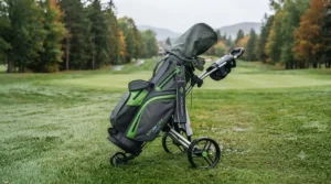Secure waterproof golf cart bag mounted on a push cart ready for 18 holes across Canada.