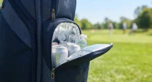 Close-up of a waterproof insulated golf bag pocket designed to keep beverages cold in warm summer weather.