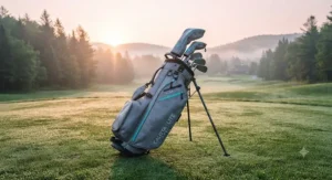 A waterproof womens golf bag standing on dewy grass during an early morning Canadian golf round.