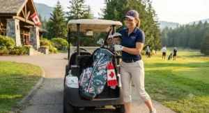 A Canadian woman golfer loading her lightweight golf bag for women onto a power cart at a local golf club.