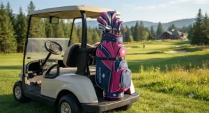 A pink and navy womens cart golf bag securely mounted on a motorized power cart.