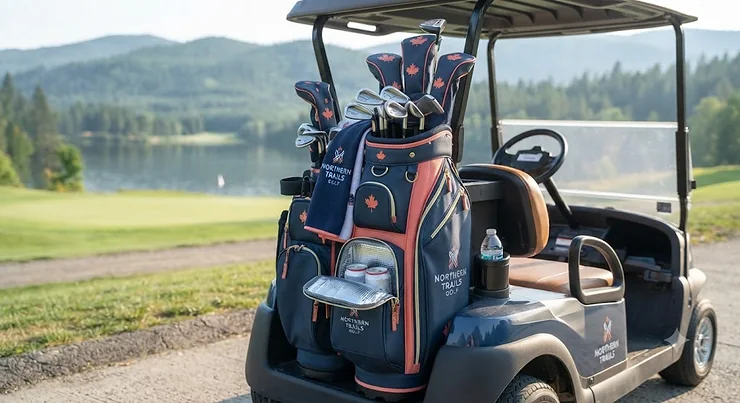 A sleek women's golf bag with a built-in cooler pocket standing on a lush Canadian golf course.