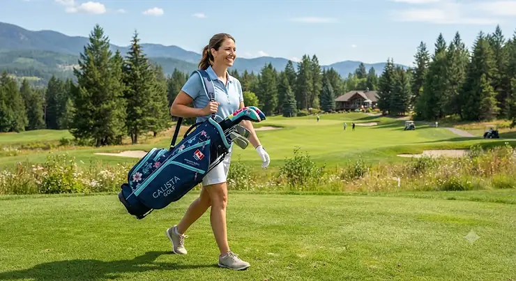 A beginner female golfer carrying a lightweight cart golf bag on a Canadian golf course during summer. women's golf bags for beginners