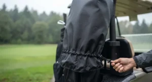 Adjustable drawstring feature on a golf bag rain cover for cart bags ensuring a tight fit on windy days.