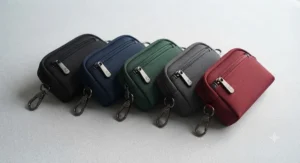 Various color options of the golf valuables pouch with key clip arranged neatly together.