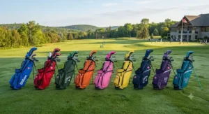 Colorful beginner junior golf bags lined up neatly on a driving range in Ontario.