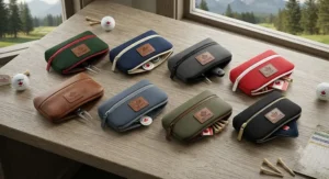 Flat lay of multiple color options for a premium golf valuables pouch designed for Canadian golfers.