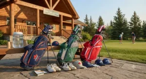 Cart-compatible junior golf bags for teenagers resting securely on a riding golf cart.