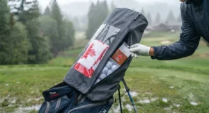 A golf bag rain cover for stand bags featuring a clear window panel for quick pocket access.