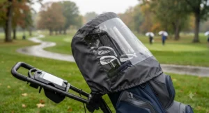 Clear window waterproof golf bag rain cover allowing quick visibility of golf club numbers and grips