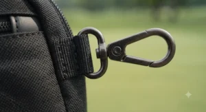 Close-up detail of the heavy-duty metal key clip attached to a premium golf valuables pouch.