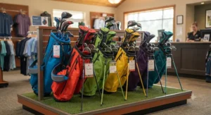 An assortment of colorful junior golf stand bags displayed in a pro shop, offering stylish options for kids and teens getting into golf.