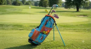 Colourful illustration showcasing a vibrant junior golf bag for toddlers designed for small kids learning to play golf.