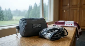 Compact foldable golf bag rain cover stored neatly inside its own travel pouch.