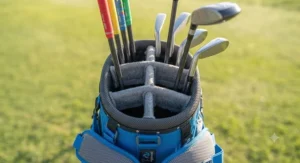 Top divider cuff of a junior golf stand bag organizing youth golf clubs securely to prevent tangled shafts and grips.