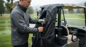 Golfer accessing clubs quickly through the zippered opening of a golf bag rain cover for cart bags.