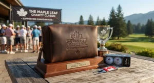 Custom logo embossed golf valuables pouch handed out as a prize at a Canadian charity golf tournament.