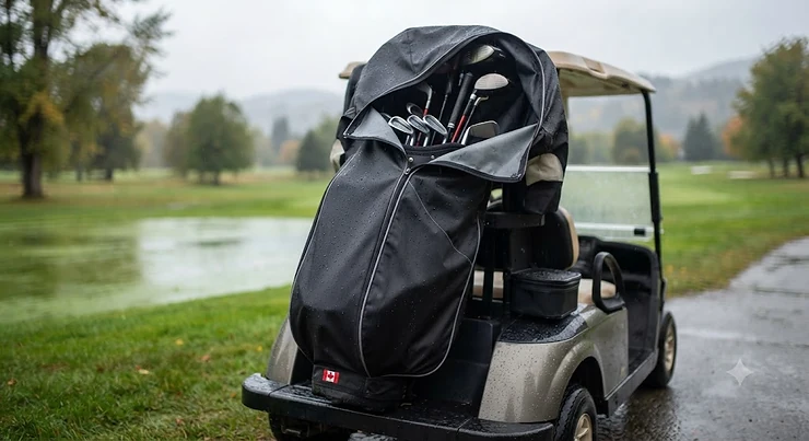Water-resistant golf bag rain cover for cart bags designed to keep your clubs dry on Canadian golf courses.