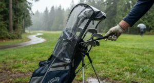 Golf bag rain cover featuring a quick-access side zipper for convenient club selection.