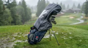 A golfer easily accessing clubs through the side zipper of a golf bag rain cover for stand bags.