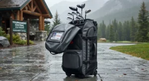 Complete golf travel bag system showcasing an integrated rain cover for tournament trips.