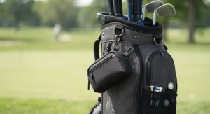 Golf valuables pouch with key clip securely attached to the side of a standard golf bag.