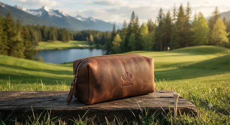 A premium leather golf valuables pouch resting on a tee box at a scenic Canadian golf course.