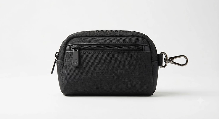 Black golf valuables pouch with key clip displayed on a clean white background.