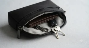 Open zippered compartment of a golf valuables pouch with key clip holding keys and a wallet.