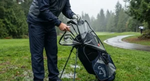 Golfer retrieving a club from under a protective golf bag rain cover during a rainy day.