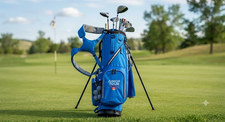 Junior golf stand bag in bright blue shown from the front with dual shoulder straps, designed for young golfers playing across Canadian courses.