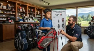 Junior golfer selecting the right size beginner golf bag at a pro shop in British Columbia.