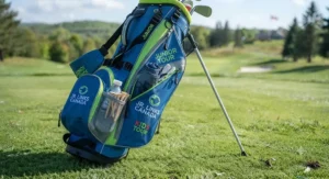 Close-up view of a lightweight junior golf bag for kids showing integrated stand mechanism and dual storage pockets for junior golf gear.