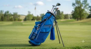 Side profile of a lightweight junior golf stand bag featuring multiple storage pockets for tees, golf balls, and accessories.