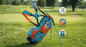 Detailed illustration highlighting the key features of a junior golf bag for toddlers, including ergonomic straps and side pockets.