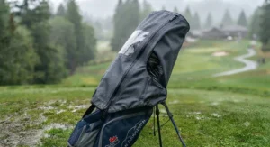 A lightweight golf bag rain cover for stand bags designed to withstand unpredictable Canadian weather conditions.