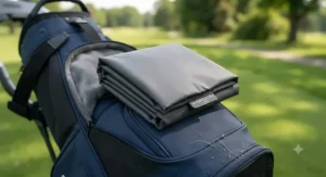 Lightweight waterproof golf bag rain cover folded neatly for easy storage in a golf bag pocket