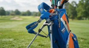 Close-up of dual shoulder straps and sturdy stand legs on a junior golf bag for beginners.