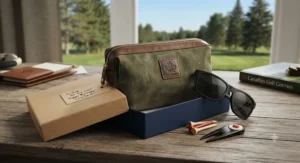 Stylish canvas golf valuables pouch displayed as a thoughtful gift for Canadian golfers.