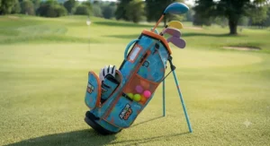 Illustration showing the convenient storage pockets and compartments on a junior golf bag for toddlers.
