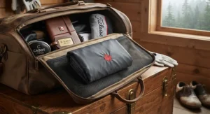 Compact and portable golf bag rain cover folded neatly inside a Canadian golfer's travel bag.