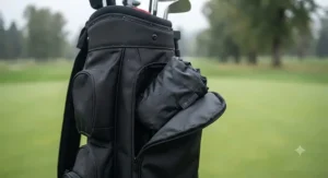 Compact and lightweight golf bag rain cover for cart bags folded neatly for easy storage in a golf bag pocket.