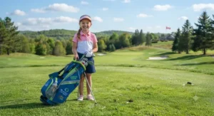 A smiling young girl holding her colourful lightweight junior golf bag for kids ready for a family day on the links.