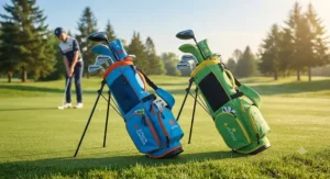A teenage golfer carrying junior golf bags for teenagers down a sunny fairway.
